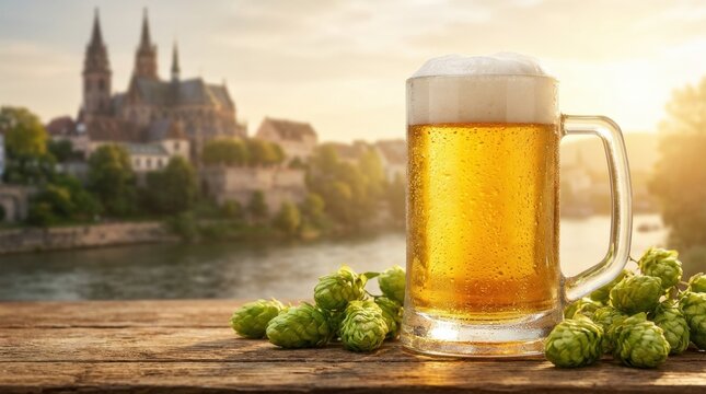 A chilled glass mug of golden beer with fresh hops on a rustic wooden table, set against a scenic European cathedral and river view at sunset.