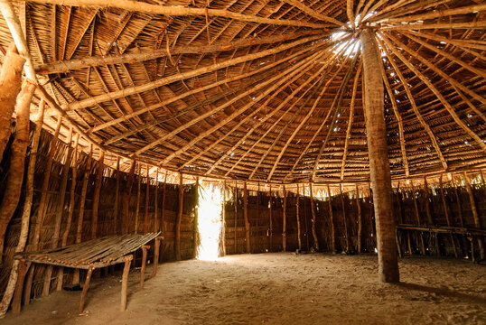 Interior of a Traditional Potiguara Indigenous Palm-Thatch House in Ba&iacute;a da Trai&ccedil;&atilde;o, Para&iacute;ba, Brazil