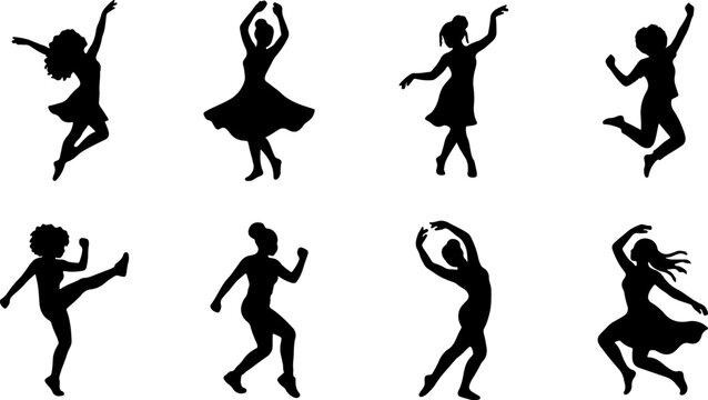 Set of Graceful Female Dancer Silhouettes Performing Various Energetic and Artistic Dance Poses