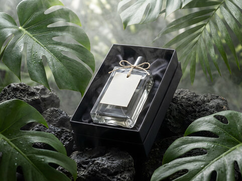 Natural perfume gift set with wooden tag and green monstera leaves in north america forest.