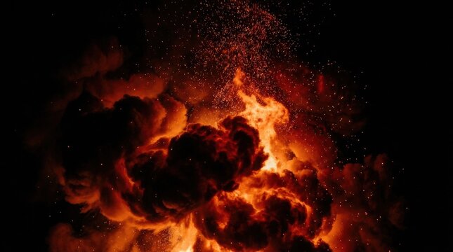 A powerful explosion featuring bright orange flames, thick dark smoke, and glowing embers scattered against a deep black background.