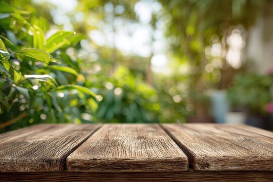Outdoor wooden table in a vibrant green yard, gentle background blur for advertising design
