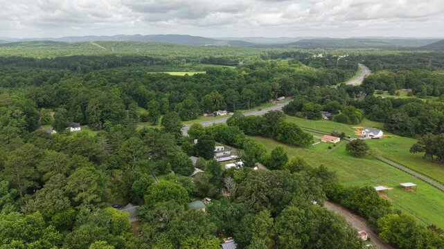 Aerial View of Winding River Through Rural Valley Near Armuchee, Georgia