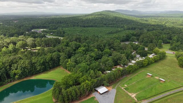 Aerial View of Forested Valley with Pond Near Armuchee, Georgia