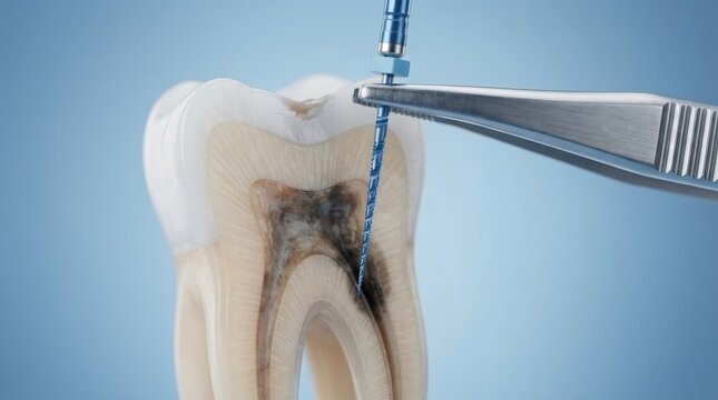 Endodontic treatment concept featuring a dental file held by tweezers near an infected root canal on a tooth cross-section model.
