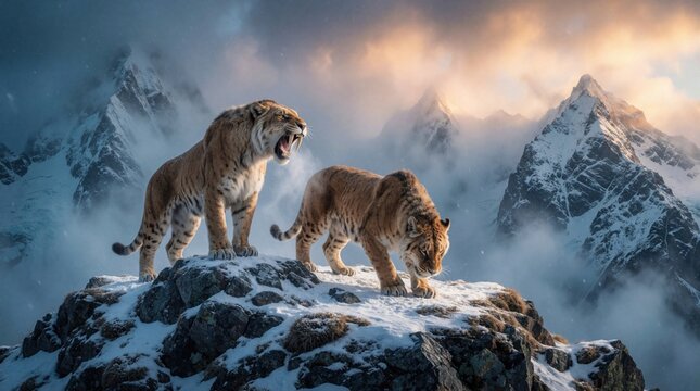 Two prehistoric Smilodon saber toothed cats stand on snowy mountain peak. Ancient predator roars another sniffs ice ground. Savage mammals hunt in harsh winter wilderness. Epic landscape features