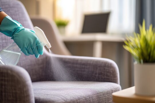 Close-up of a woman disinfecting fabric armchair in a modern office