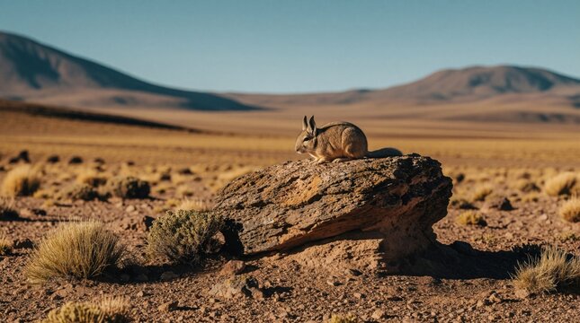 South American viscacha sits on stone in arid highland landscape of Bolivia. Small wild rodent with long ears rests outdoors. Cute fluffy mammal inhabits rocky desert area at high altitude. Nature