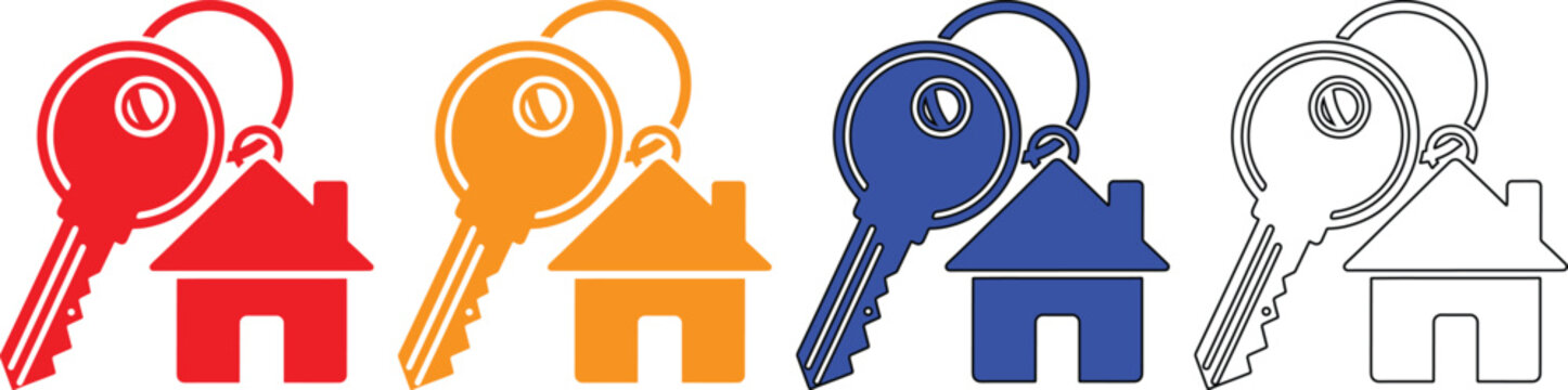 Collection of four diverse icons featuring house shaped keychains attached to traditional keys in red orange blue and outline styles