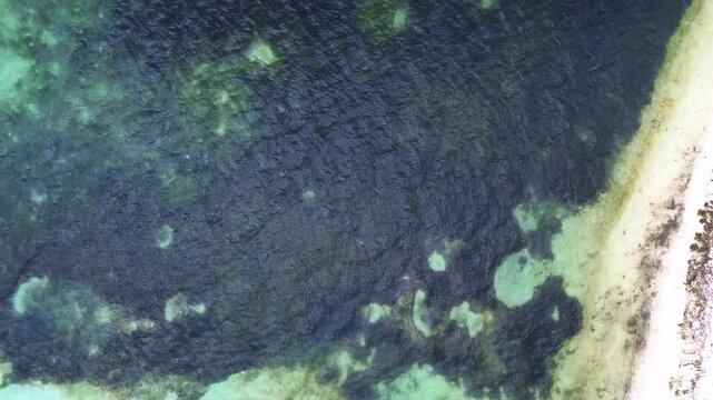 Aerial drone shot capturing a bird's-eye perspective of a rugged coastline in Mauritius. The right side features a patch of pristine white sand beach covered in fractured, dark black volcanic lava roc