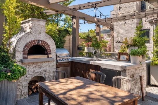 Contemporary backyard cooking area featuring a built-in oven, concrete countertops, and a cozy dining nook