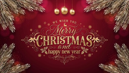 Obraz premium Gold Christmas and New Year Typographical on red Xmas background with winter landscape with snowflakes, light, stars. Merry Christmas card. Vector Illustration