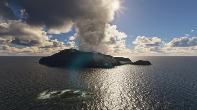 Aerial view of Whakaari eruption at White Island and Crater Lake in Bay of Plenty. New Zealand