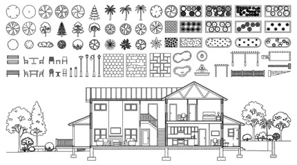 Obraz premium Modern House Cross Section with Landscape Plan Blocks, Outdoor Furniture, and Paving Patterns