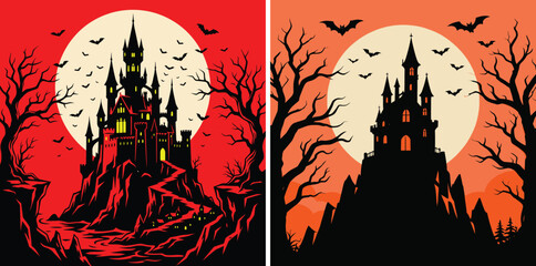 Spooky Halloween haunted castle silhouette, gothic fortress with full moon and bats, eerie dark palace vector illustration set © md
