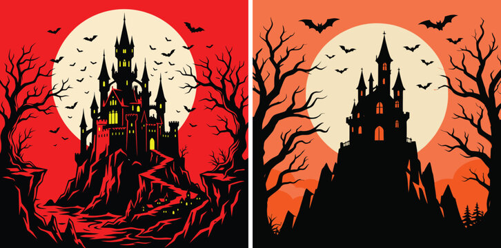 Spooky Halloween haunted castle silhouette, gothic fortress with full moon and bats, eerie dark palace vector illustration set