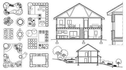 Obraz premium House Cutaway Drawing and Facade Elevation with Landscape Tree Blocks