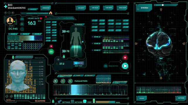 Medical diagnostic interface displaying brain scan and vital signs in futuristic setting video diagnosis healthcare health technology digital display human anatomy neurology
