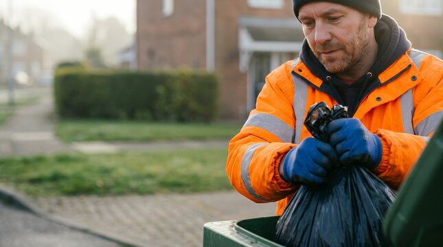 Sanitation worker collecting trash bag. Waste management employee cleaning residential area.