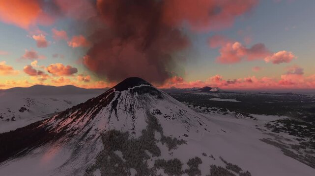 Sunset aerial view of the snow at Karymsky eruption in Kamchatka Krai. Russia