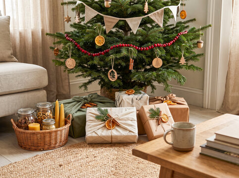Sustainable Christmas Tree with Eco-Friendly Decorations and Fabric Wrapped Gifts in a Cozy Living Room