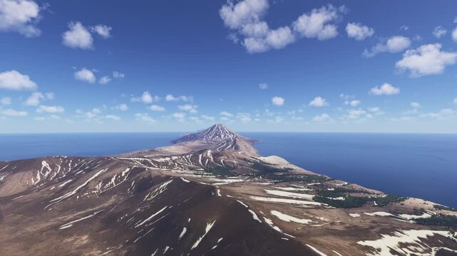 Aerial shot view of the snow at Vulkan Zavaritskogo in Kuril Islands. Sakhalin Oblast. Russia