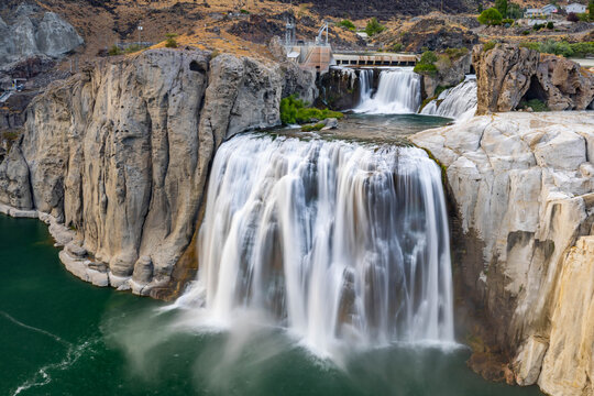 Aerial view of Shoshone Falls flowing into Snake River