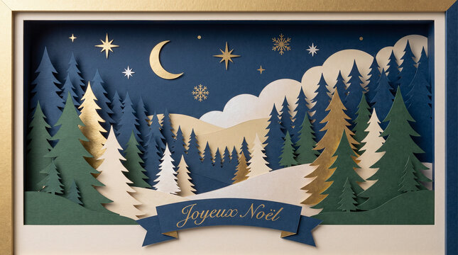 Elegant 3D Paper Cut Christmas Scene with Joyeux Noel Banner and Winter Forest Under a Starry Night Sky