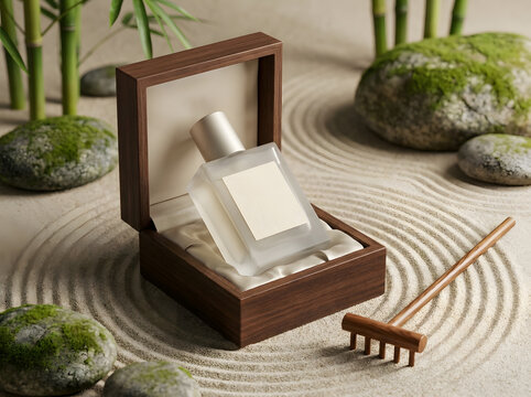 Aromatic fragrance product displayed in zen box sitting on sand of north america zen.