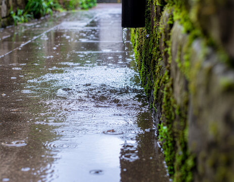 low angle shot of rainwater pouring out of a drain pipe onto a wet stone walkway lined with a moss covered wall