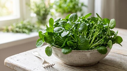 Fototapeta premium Fresh watercress in a rustic bowl on a wooden table with a fork