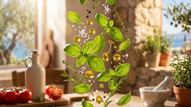 Fresh basil leaves and olive oil droplets falling in a rustic kitchen setting