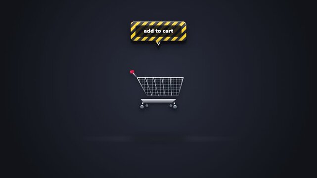 Add to cart button appearing above a shopping trolley on a dark background