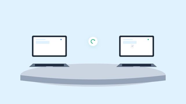 Animation of file transfer and data synchronization between two computers.