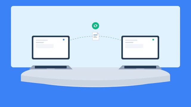 Flat illustration of a digital file transfer between two computer monitors.