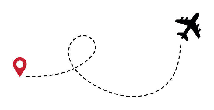Black airplane with red location pin and dotted flight path line on transparent background