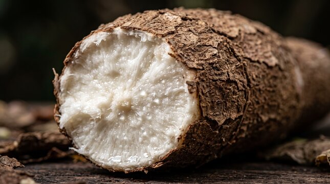 Close-up macro view of a freshly cut cassava root with textured brown bark