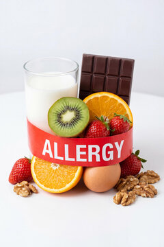 A group of common food allergens including milk, dark chocolate, kiwi, orange, strawberries, egg, and walnuts wrapped together by a bold red tape with the word Allergy on a white background.