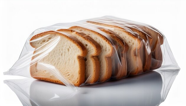sliced bread wrapped in transparent plastic on white background