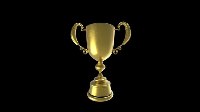Shiny golden trophy cup rotating on black background loop