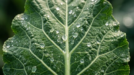 Obraz premium Close-up of a vibrant green collard leaf covered in glistening water droplets