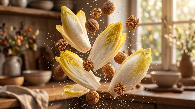 Fresh endive leaves and walnuts floating in the air with water droplets