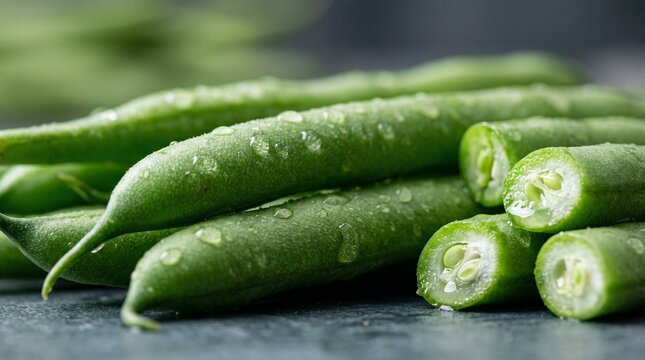 Fresh green beans glistening with water droplets on a dark surface