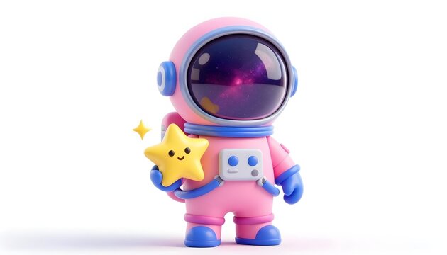 Cute cartoon astronaut in pink suit holding a smiling star with sparkles