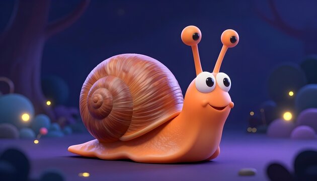Whimsical 3D cartoon snail with big eyes and a shell in a magical forest