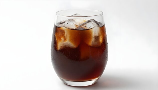 Refreshing iced coffee in a clear glass with condensation on a white background
