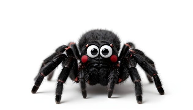 Cute fluffy black spider with big round eyes and red cheeks on white background