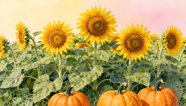 Vibrant autumn scene with sunflowers and pumpkins in a field