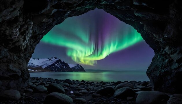 Spectacular aurora borealis viewed from a dark cave entrance overlooking the ocean