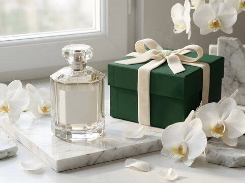 Glass perfume bottle beside green gift box on marble slab in bright North America home.